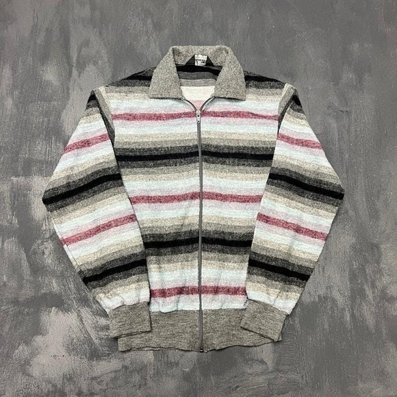 Vintage Other - Vintage Striped Zip Up Sweater Medium Gray 1970s Fuzzy